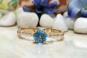 1.2ct Round Cut Blue Topaz Solitaire with Accent Ring 14k Yellow Gold Finish