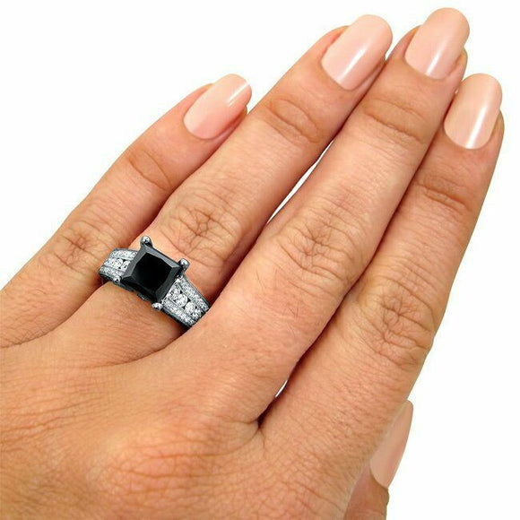 3Ct Princess Cut Black Diamond Engagement Ring 14K White Gold Over Round Accents