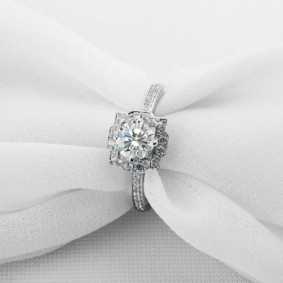 1.7ct Round Cut Diamond Halo Solitaire with Accents Ring 14k White Gold Finish