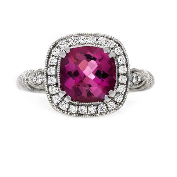 2.4ct Cushion Cut Pink Ruby Engagement Ring Milgrain Halo 14k White Gold Finish