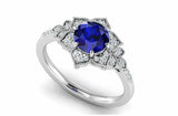 2.2ct Round Cut Blue Sapphire Flower Milgrain Halo Ring 14k White Gold Finish