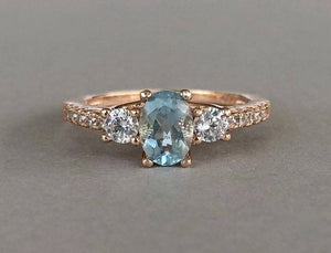 2ct Oval Cut Blue Aquamarine Three Stone Engagement Ring 14k Rose Gold Finish