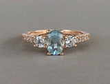 2ct Oval Cut Blue Aquamarine Three Stone Engagement Ring 14k Rose Gold Finish