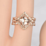 1.9ct Princess Cut Peach Morganite Trio Set Engagement Ring 14k Rose Gold Finish