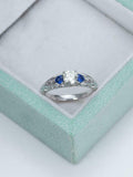 Sapphire Accents Trilogy Engagement Ring 1.4ct Round Diamond 14k White Gold Over