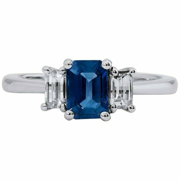 1.7ct Emerald Cut Blue Sapphire Engagement Ring Trilogy 18k White Gold Finish