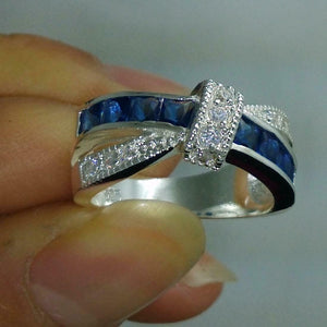 2ct Round Blue Sapphire Wedding Band Ring 14k White Gold Finish Bow Knot Unique