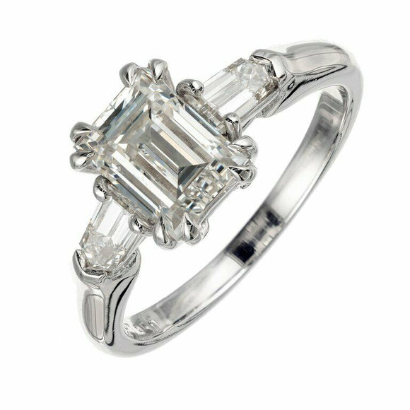 1.6ct Emerald Cut Diamond Engagement Ring Unique Trilogy 14k White Gold Finish