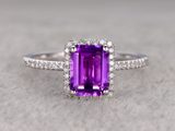 2.3ct Emerald Cut Purple Amethyst Engagement Ring Halo 14k White Gold Finish