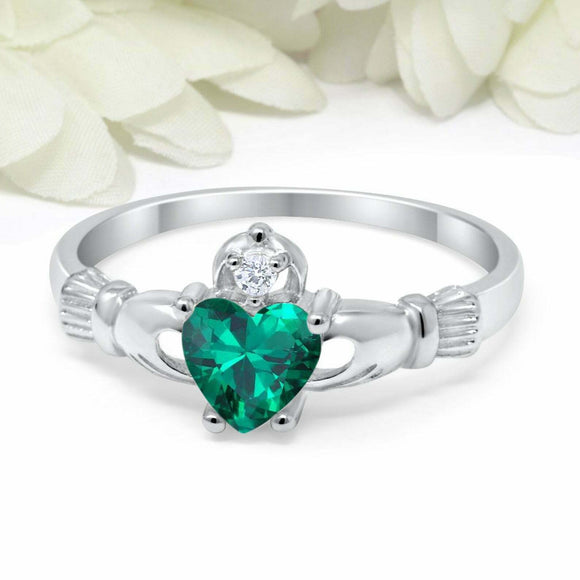 1.1ct Heart Cut Green Emerald Engagement Ring Claddagh Irish 14k White Gold Over