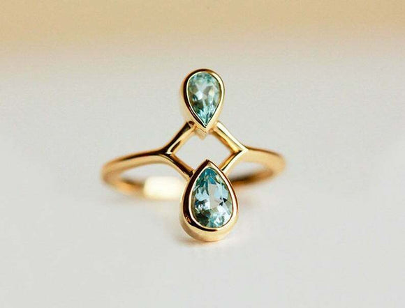 1ct Pear Blue Aquamarine Stylish Two Stone Split Shank Ring 14k Yellow Gold Over