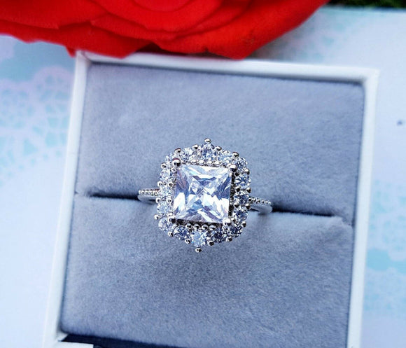 2Ct Princess Cut Diamond Vintage Art Halo Engagement Ring 14K White Gold Finish