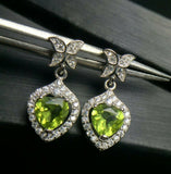 2.7ct Drop Earrings Heart Cut Green Peridot Floral Halo 14k White Gold Finish