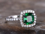 1ct Cushion Cut Green Emerald Solitaire Engagement Ring 14k White Gold Finish