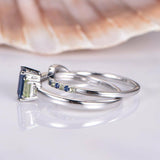 1.9ct Emerald Cut Blue Sapphire Bridal Set Engagement Ring 14k White Gold Finish