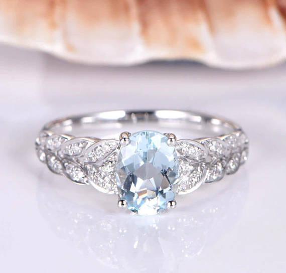 2ct Oval Cut Blue Aquamarine Engagement Ring Leaf Design 14k White Gold Finish