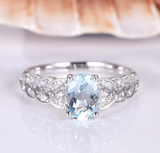 2ct Oval Cut Blue Aquamarine Engagement Ring Leaf Design 14k White Gold Finish