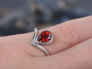 1.5Ct Pear Cut Red Garnet Crown Halo Style Engagement Ring 14K White Gold Finish