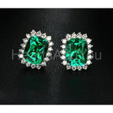 2ct Cushion Simulated Emerald Cluster Halo Stud Earrings 14k White Gold Plated