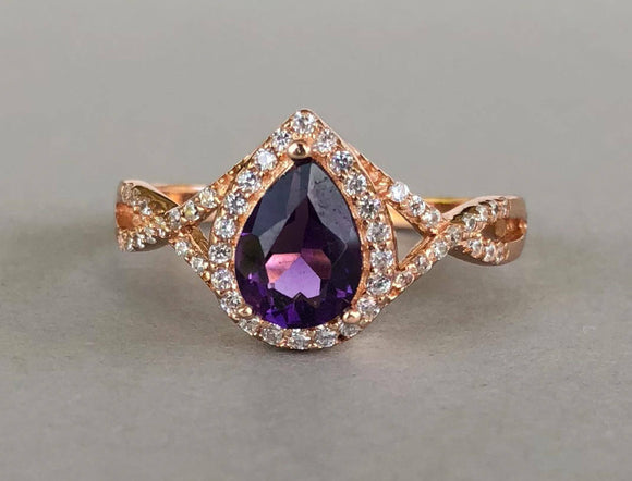 2ct Pear Cut Purple Amethyst Halo Infinity Engagement Ring 14k Rose Gold Finish