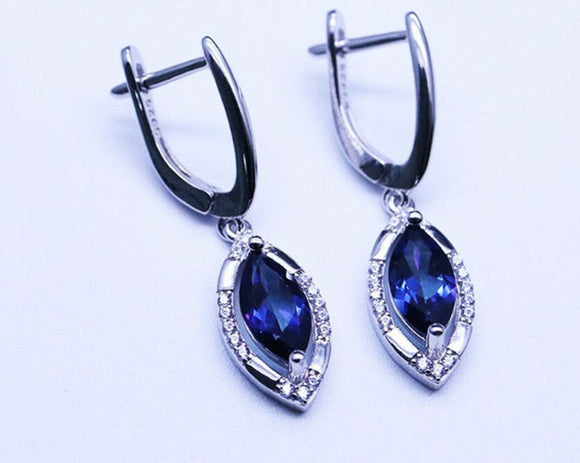 2ct Marquise Cut Blue Sapphire Stylish Tear Drop Earrings 14k White Gold Finish