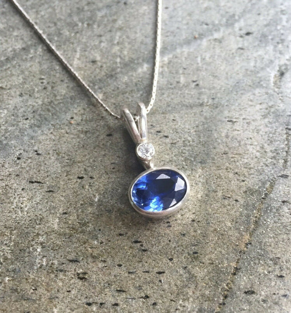 1ct Blue Sapphire Pendant Oval Cut Bezel Solitaire 14k White Gold Over NO CHAIN