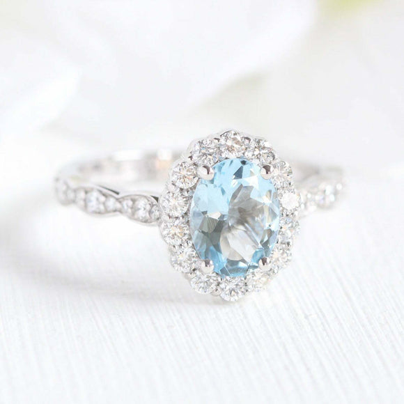 2.2ct Oval Cut Blue Aquamarine Round Accent Diamond Halo Ring 14k WhiteGold Over