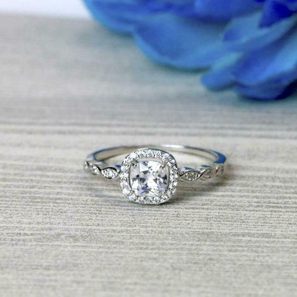 1ct Cushion Cut Diamond Engagement Ring Halo Round Accents 14k White Gold Finish