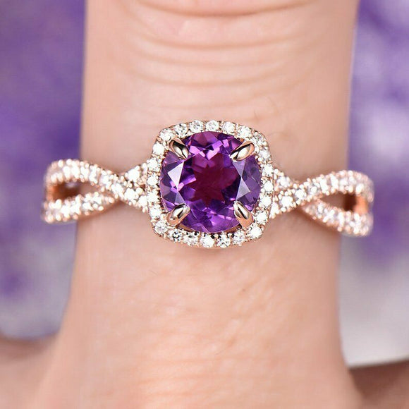 3ct Round Cut Purple Amethyst Engagement Ring Halo Diamond 14k Rose Gold Finish