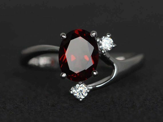 1.7ct Oval Cut Red Garnet Engagement Ring 14k White Gold Finish Unique Trilogy