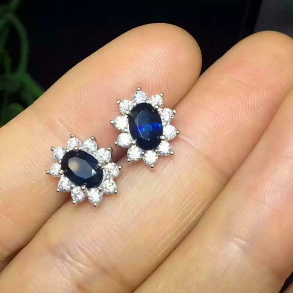 2ct Stud Earrings Oval Cut Blue Sapphire Diamond Floral Halo 14k White Gold Over