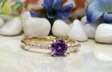 1.2ct Round Cut Purple Amethyst Solitaire with Accent Ring 14k YellowGold Finish