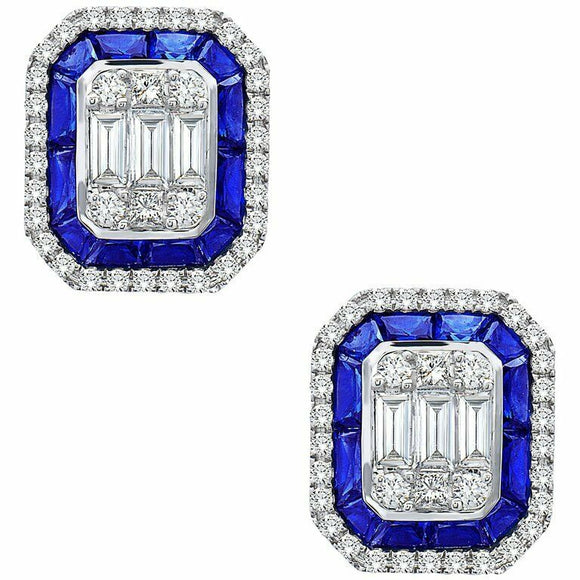 3ct Baguette Cut VVS1D Diamond Sapphire Halo Stud Earrings 14k White Gold Finish