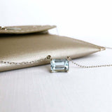 1ct Emerald Cut Blue Aquamarine Pendant with Chain Solitaire 14k White Gold Over