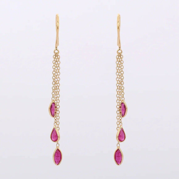 2ct Drop Earrings Marquise Cut Pink Ruby Dangling Chain 14k Yellow Gold Finish