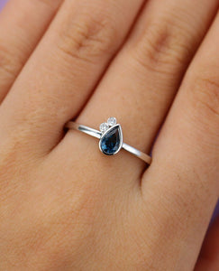 1ct Pear Cut Blue Sapphire Bezel Set Cute Engagement Ring 14k White Gold Finish