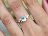 1.6ct Engagement Ring Pear Cut Blue Aquamarine Leaf Accent 14k YellowGold Finish