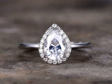 1ct Pear Cut Diamond Cluster Solitaire Engagement Ring 14k White Gold Finish