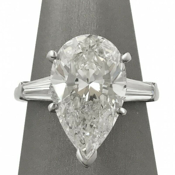 4Ct Pear Cut DVVS1 Diamond Baguette Accent Engagement Ring 14K White Gold Finish