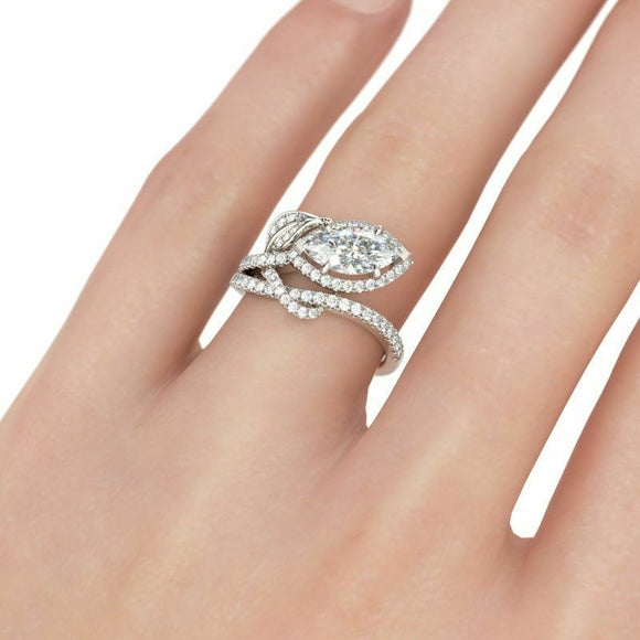 2.5Ct Marquise Cut Diamond Floral Leaves Engagement Ring 14K White Gold Finish