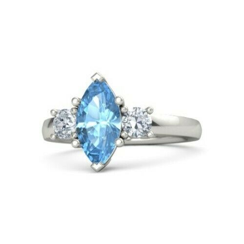 2Ct Marquise Cut Blue Topaz Three Stone Ring 14K White Gold Finish Round Accents