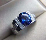 3.45ct Oval Cut Blue Sapphire Stylish Engagement Men Ring 14k White Gold Finish