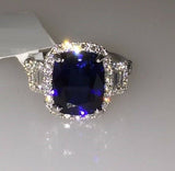 1.5ct Cushion Cut Blue Sapphire 3 Stone Engagement Ring 14k White Gold Finish