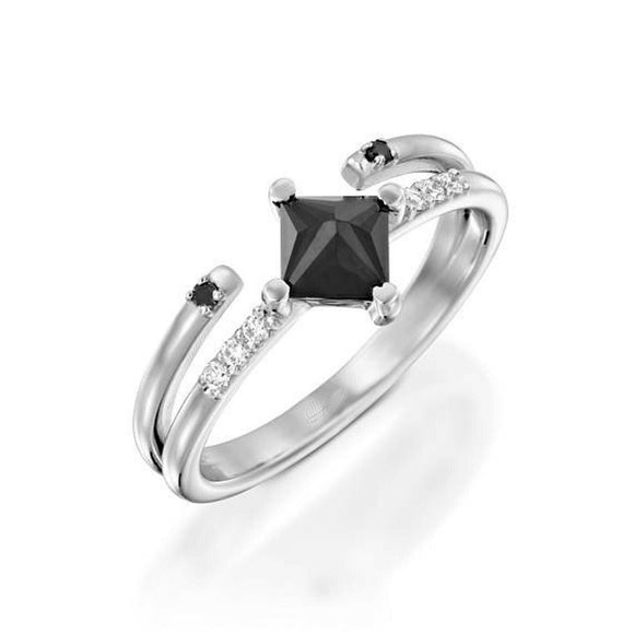 1.5ct Princess Black Diamond Solitaire with Accent Split Band 14k WhiteGold Over