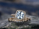 3Ct Cushion Cut Blue Aquamarine Bridal Set Engagement Ring 18K Yellow Gold Over