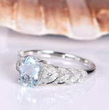 1.9ct Oval Cut Blue Aquamarine Leaf Design Engagement Ring 14k White Gold Finish