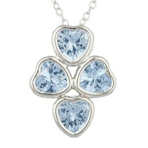 4ct Blue Aquamarine Pendant with Chain Heart Cut Four Heart 14k WhiteGold Finish