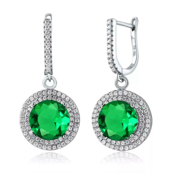 2.5ct Drop Earrings Round Green Emerald Dual Halo Dangling 14k White Gold Finish