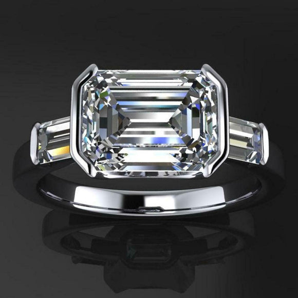 Bezel Set Trilogy Engagement Ring 1.6ct Emerald Cut Diamond 14k WhiteGold Finish