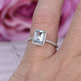 2.2ct Emerald Cut Blue Aquamarine Engagement Ring Halo 14k White Gold Finish